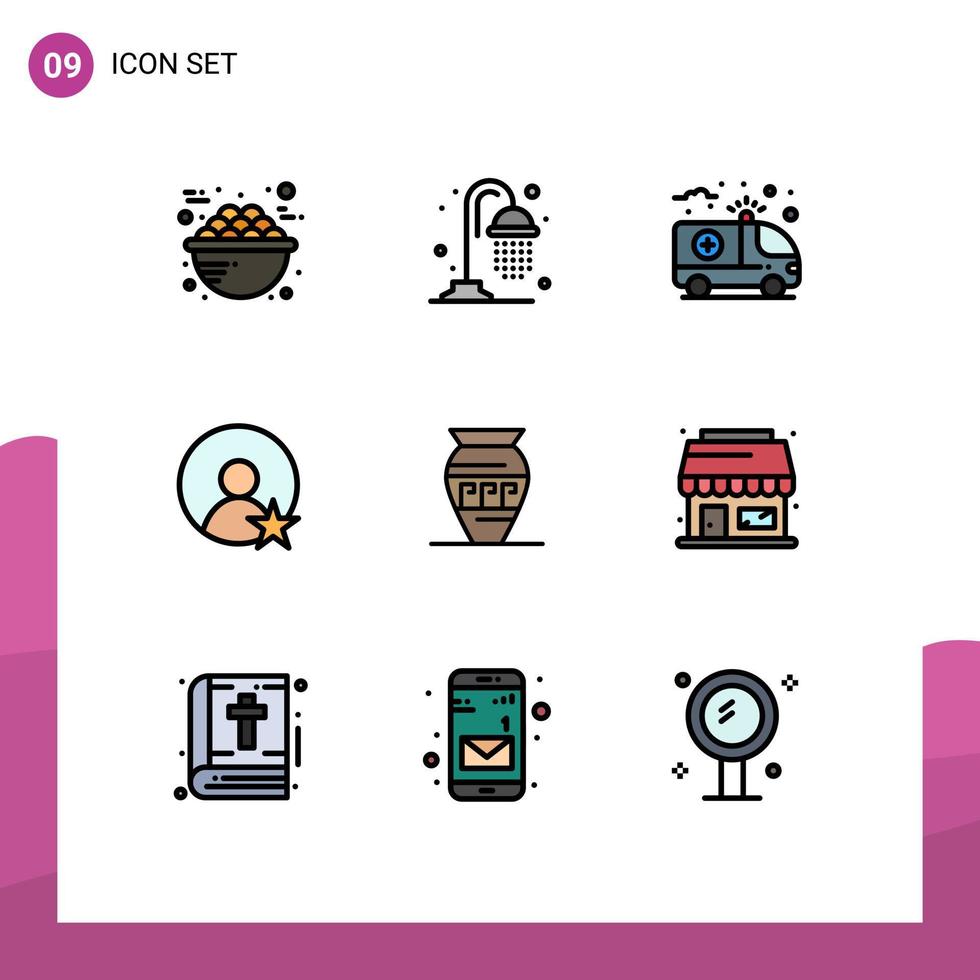 Mobile Interface Filledline Flat Color Set of 9 Pictograms of emoji amphora ambulance profile rating Editable Vector Design Elements