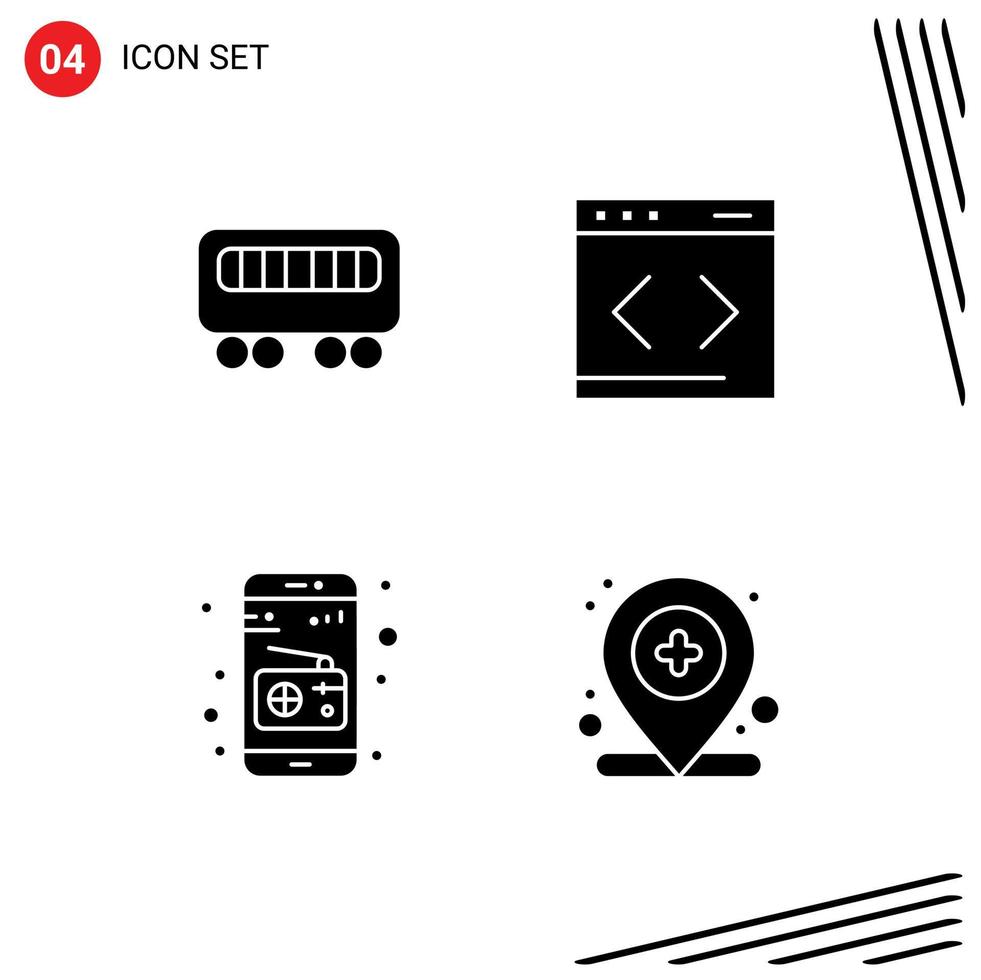 Set of 4 Commercial Solid Glyphs pack for passenger radio content website location Editable Vector Design Elements