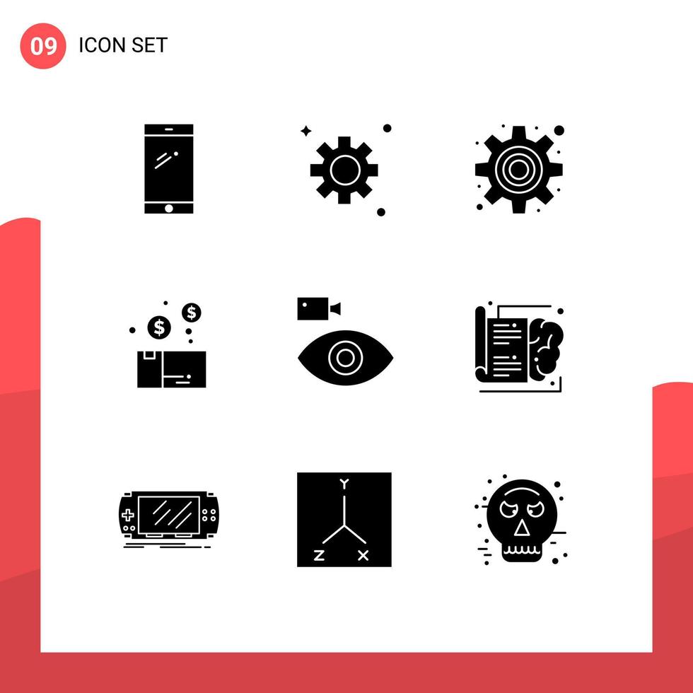 9 Universal Solid Glyphs Set for Web and Mobile Applications camcorder product cog package money Editable Vector Design Elements