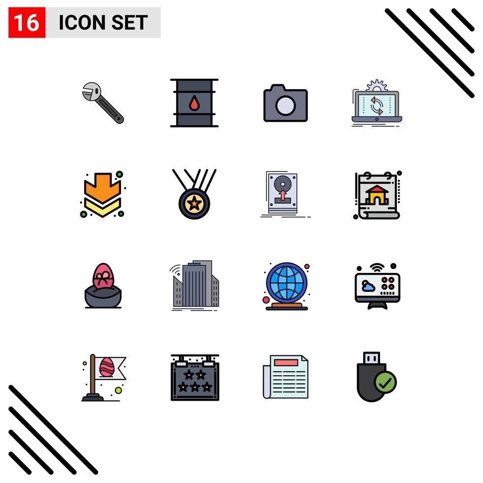 Pictogram Set of 16 Simple Flat Color Filled Lines of reporting processing delivery data photo Editable Creative Vector Design Elements