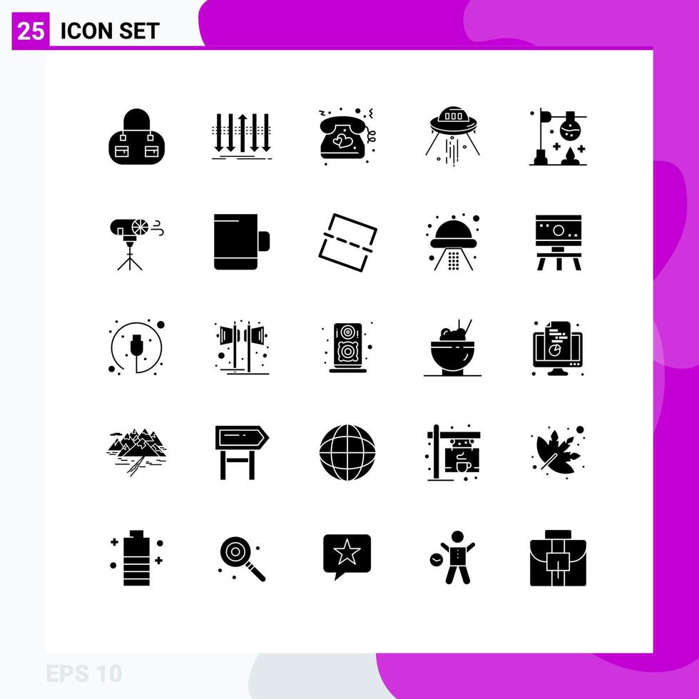 Set of 25 Commercial Solid Glyphs pack for chemistry alien love rocket space Editable Vector Design Elements