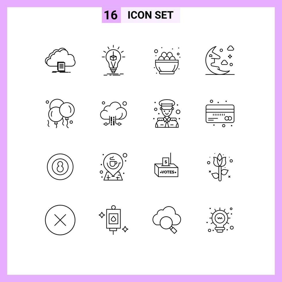 16 User Interface Outline Pack of modern Signs and Symbols of night cloud printing nest easter Editable Vector Design Elements