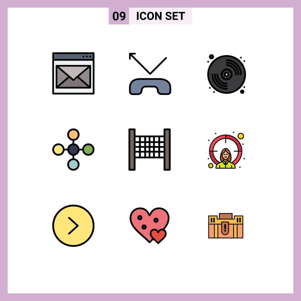 Set of 9 Vector Filledline Flat Colors on Grid for sport share cd network central Editable Vector Design Elements
