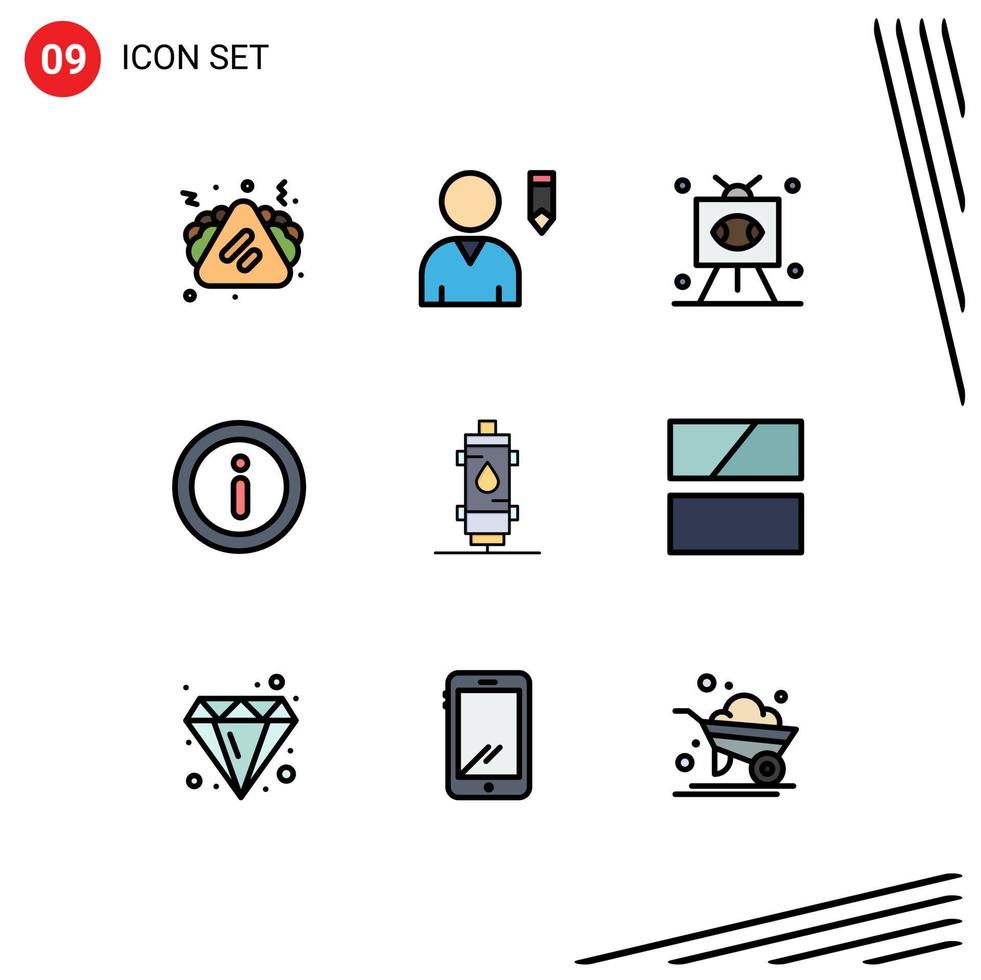 conjunto de pictogramas de 9 colores planos de línea rellena simple de información del menú del juego del calentador de calor elementos de diseño vectorial editables vector