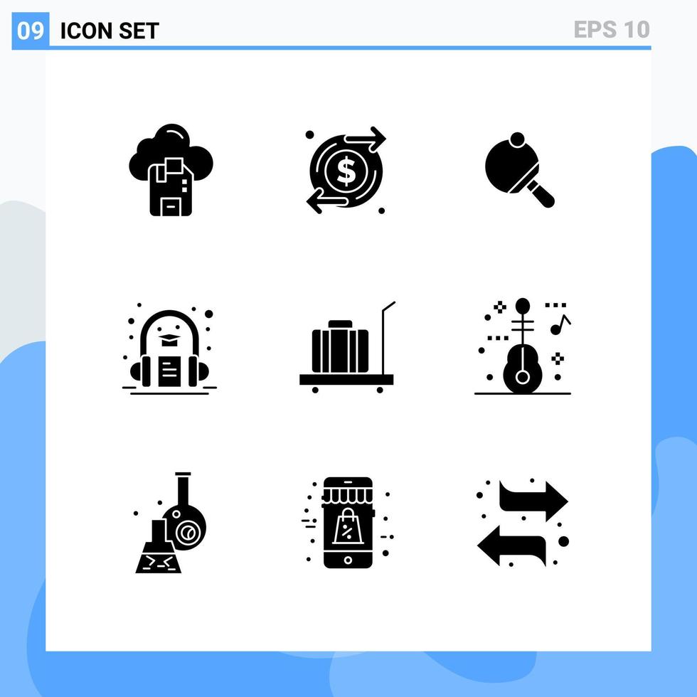 Modern Set of 9 Solid Glyphs Pictograph of luggage learning pong headphone audio book Editable Vector Design Elements