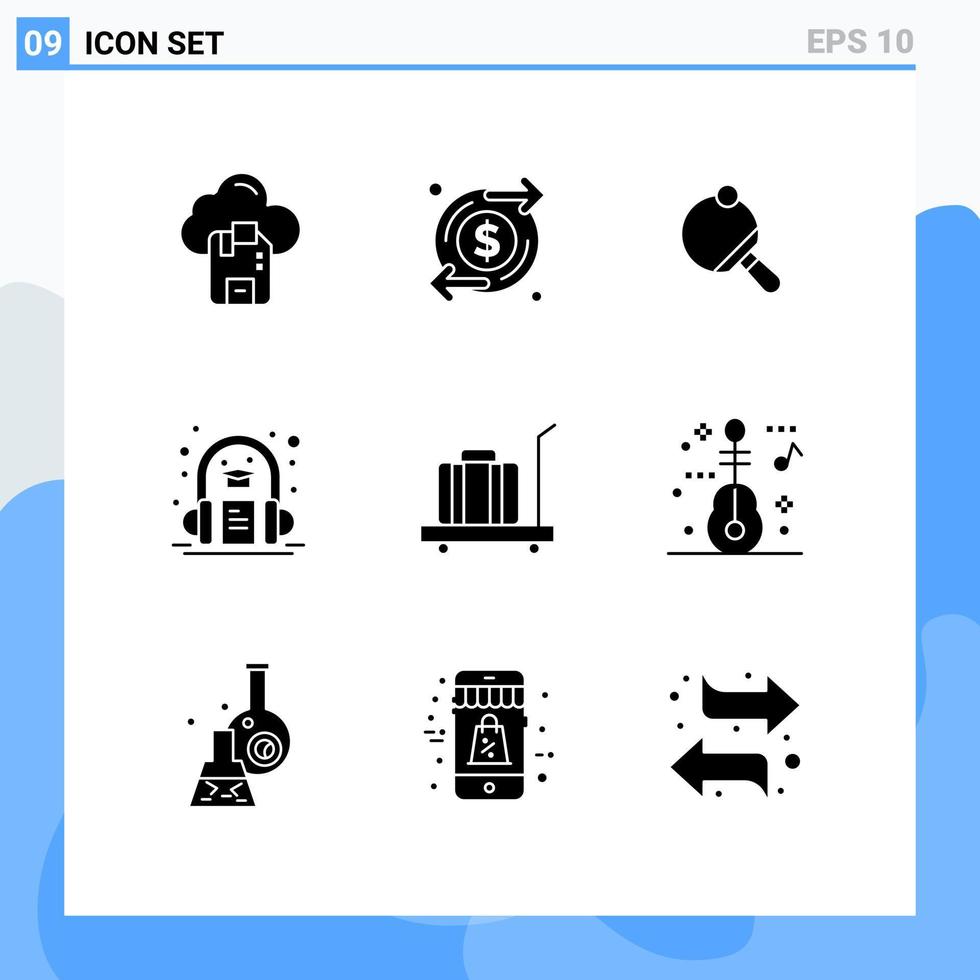 conjunto moderno de 9 pictogramas de glifos sólidos de equipaje aprendiendo pong auriculares audiolibro elementos de diseño vectorial editables vector