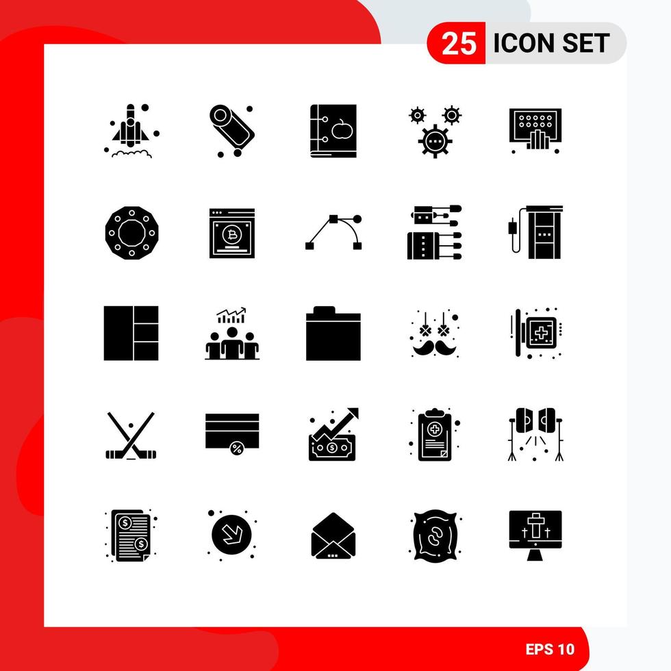 paquete de glifos sólidos de 25 símbolos universales de desarrollo de libros de ideas de aplicaciones codificación elementos de diseño vectorial editables vector