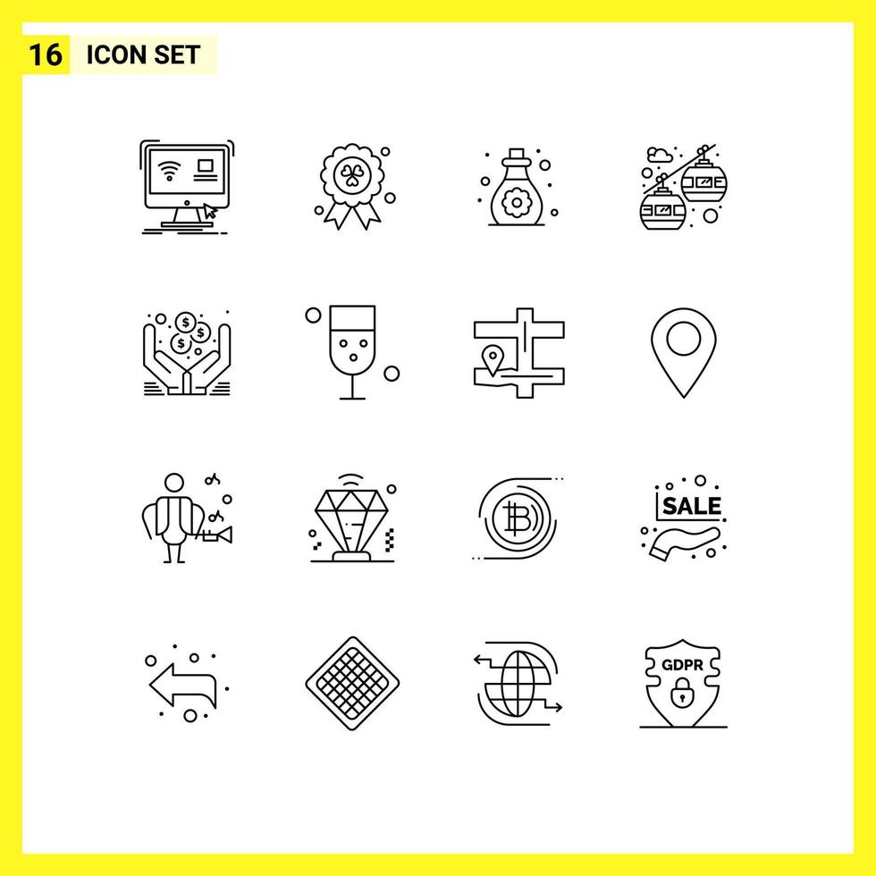 Universal Icon Symbols Group of 16 Modern Outlines of money dollar care chair lift cable car Editable Vector Design Elements