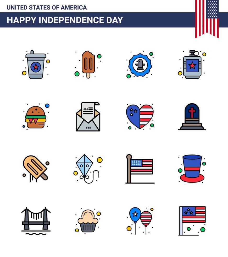 feliz paquete del día de la independencia de 16 líneas planas llenas de signos y símbolos para la celebración líquida rápida bebida hip elementos de diseño vectorial del día de estados unidos editables vector