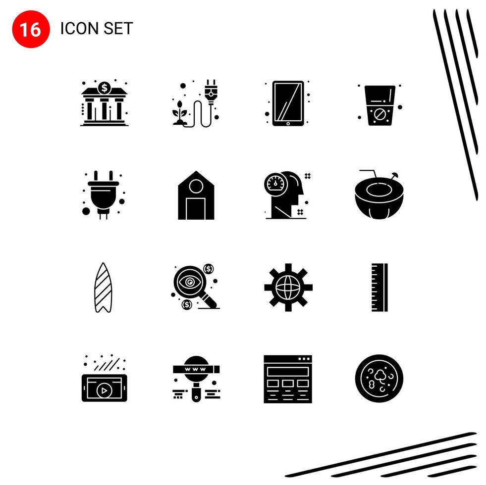 Group of 16 Modern Solid Glyphs Set for plug drink herb water touchscreen Editable Vector Design Elements