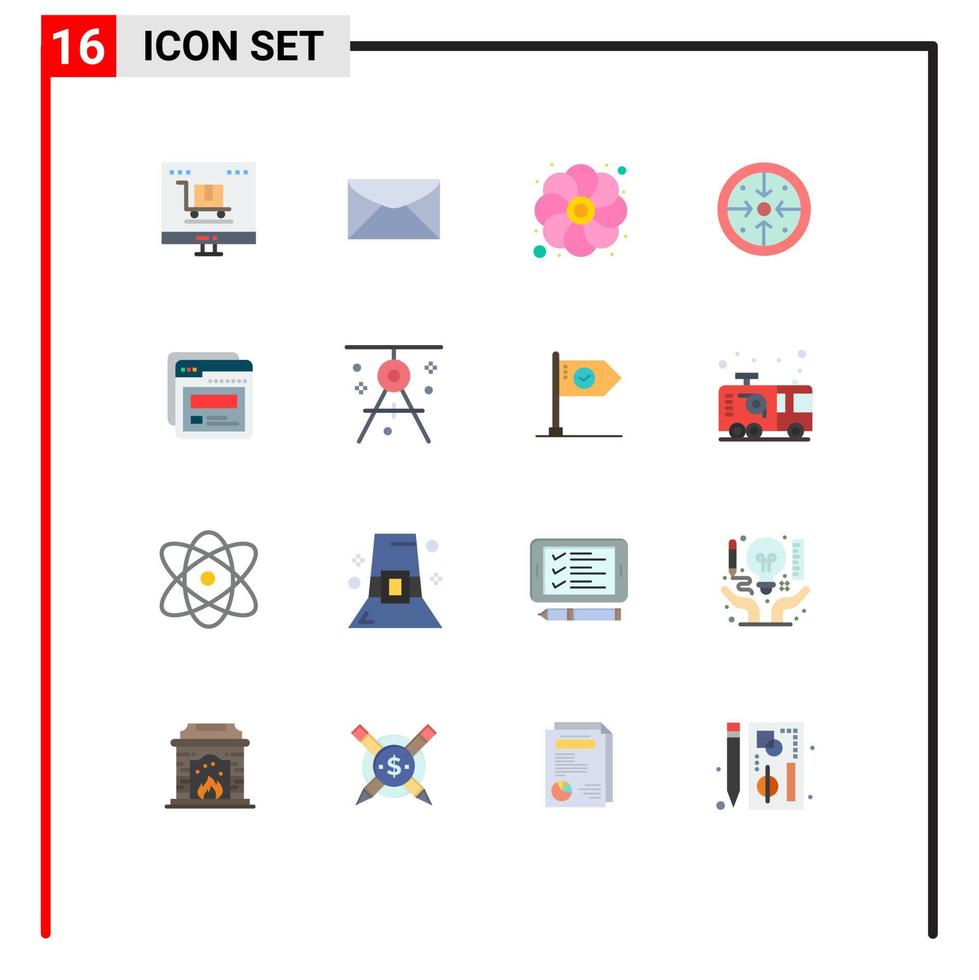 grupo universal de símbolos de iconos de 16 colores planos modernos de objetivos de mensajes de implementación de procesos paquete editable de girasol de elementos creativos de diseño de vectores