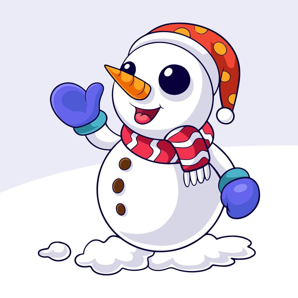 la caricatura del muñeco de nieve es feliz y ondea en la nevada vector