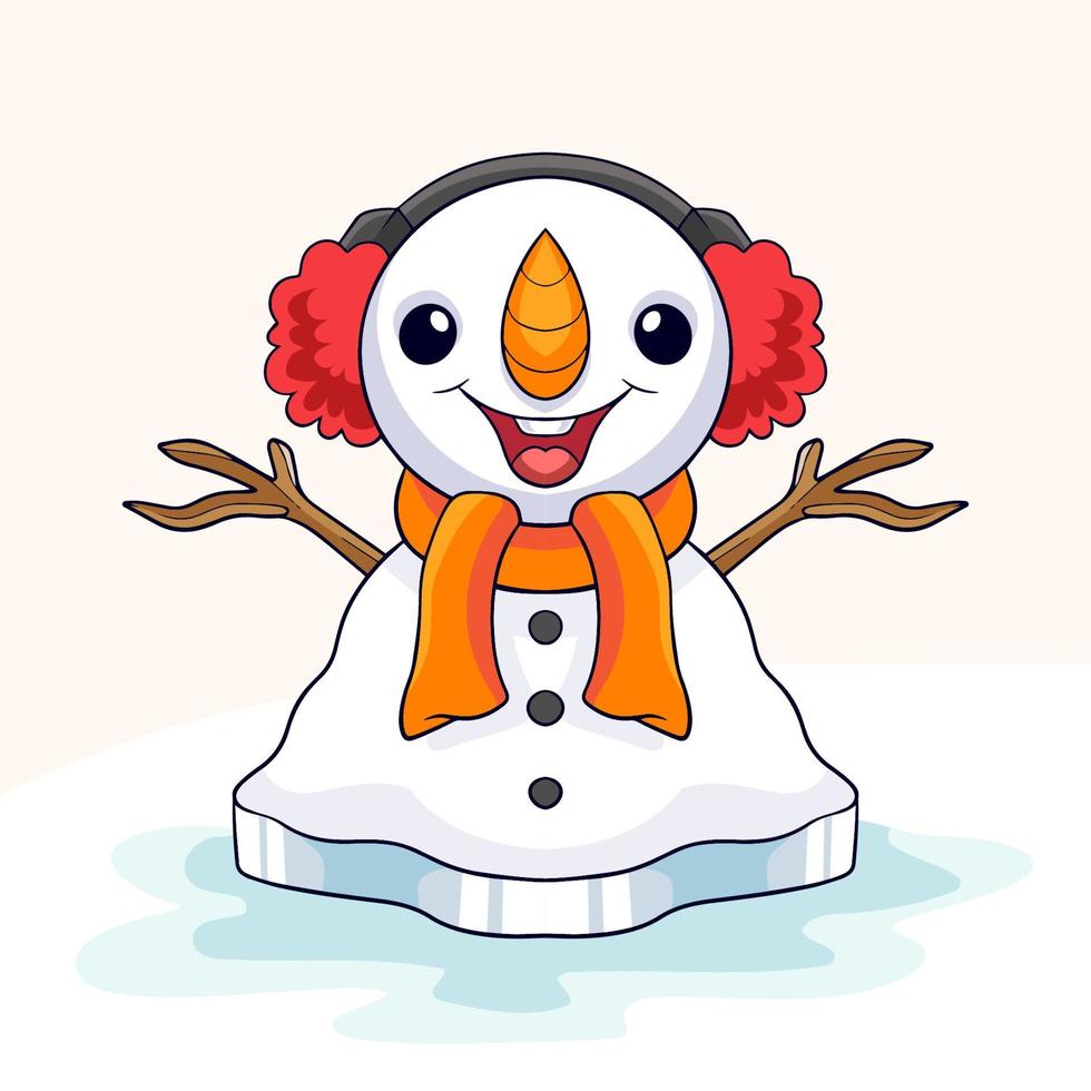 Snowman cartoon is happy and waving in the snowfall vector