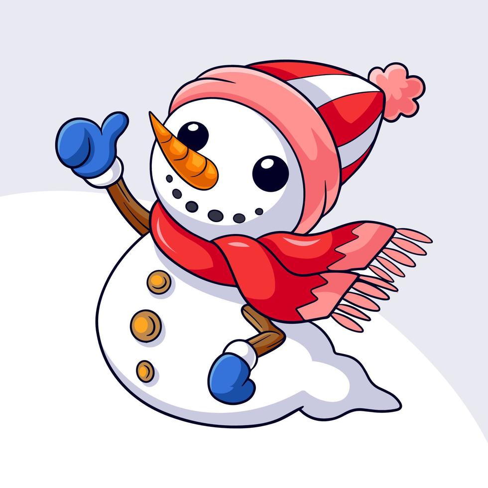 caricatura linda del muñeco de nieve que muestra los pulgares para arriba vector