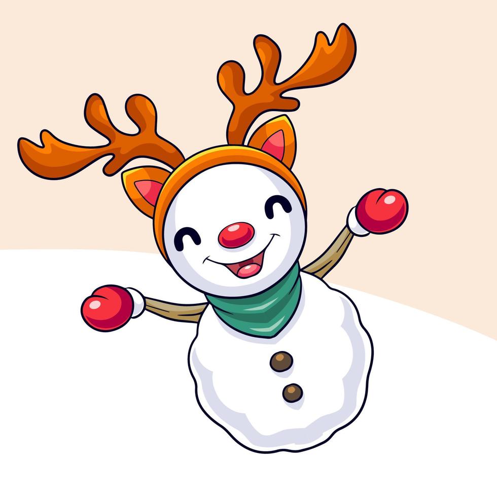 Snowman cartoon is happy and waving in the snowfall vector