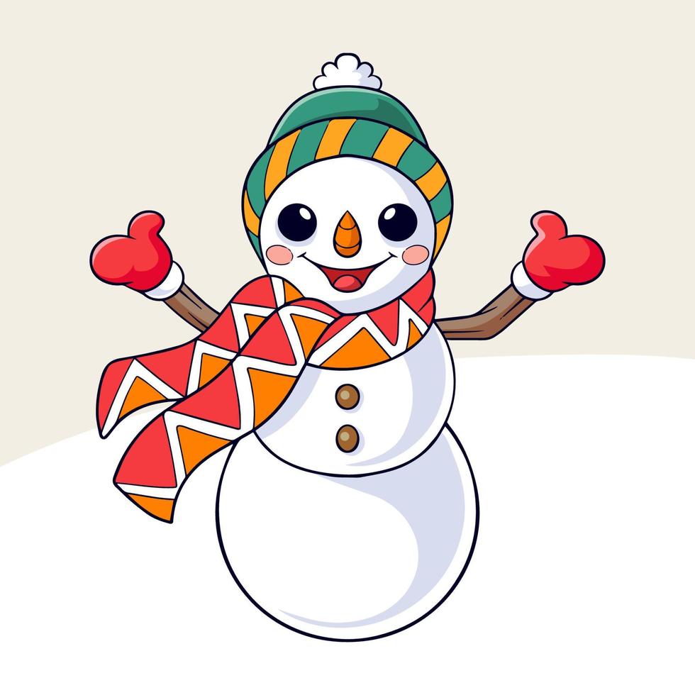 Snowman cartoon is happy and waving in the snowfall vector