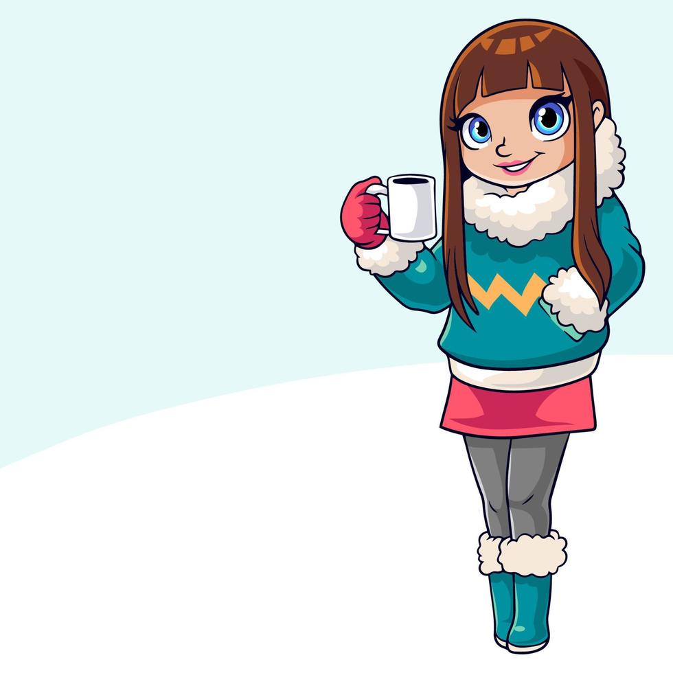 caricatura de una niña feliz con ropa de invierno sosteniendo un vaso de café vector