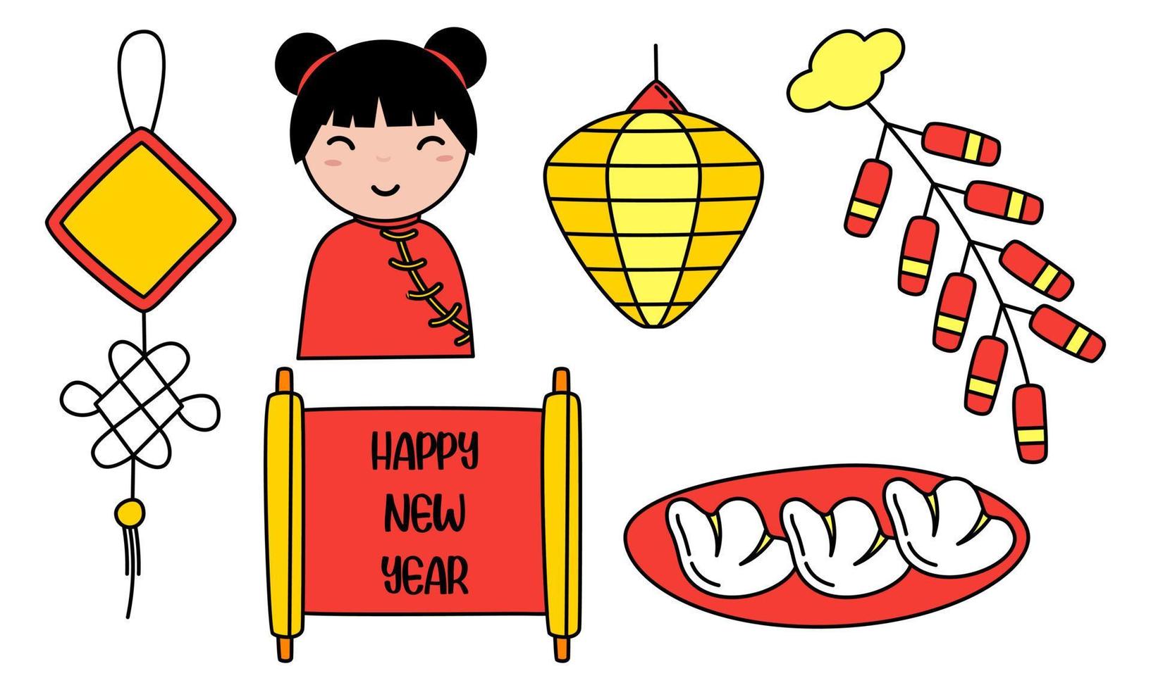 elementos de celebración de boceto de dibujos animados de feliz año nuevo chino vector