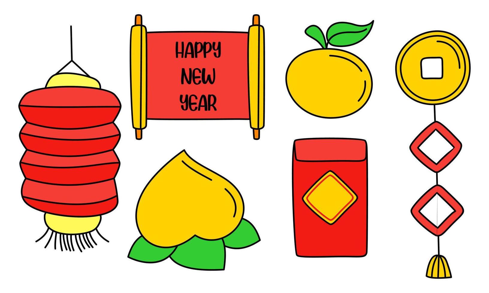 elementos de celebración de boceto de dibujos animados de feliz año nuevo chino vector