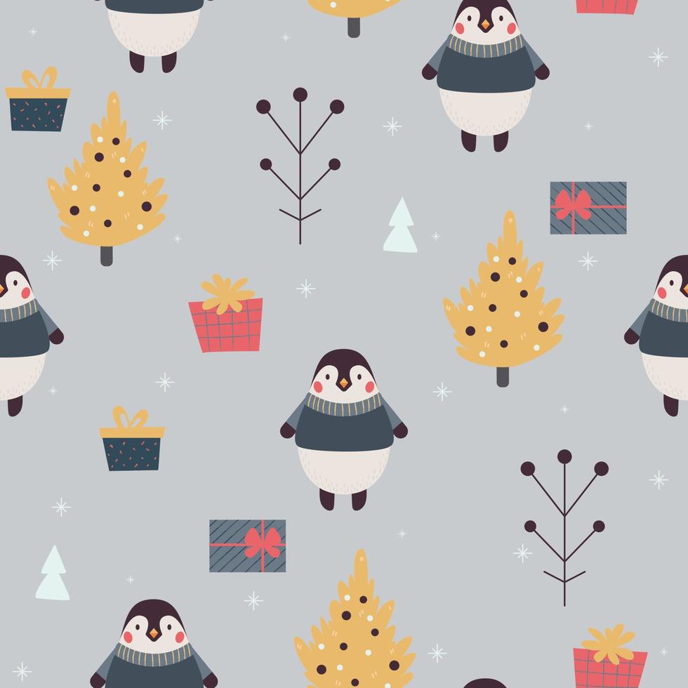 patrón de invierno con lindos pingüinos, regalos y árboles, para imprimir, papel de regalo vector