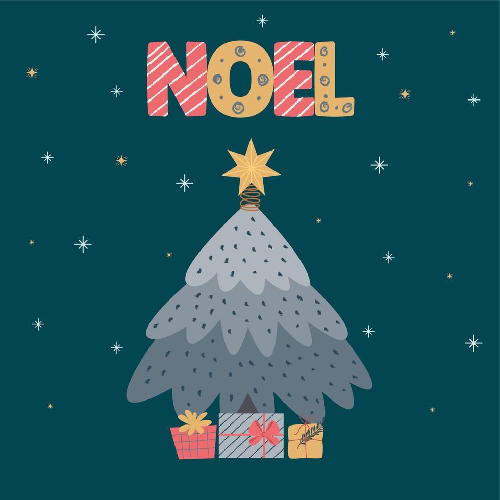 Noel, Christmas card, Christmas tree with gifts, invitation or print design vector