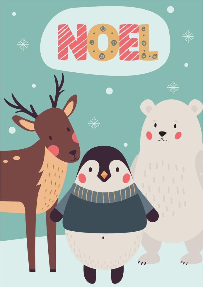 Noel card, Christmas card, Funny picture about winter animals vector