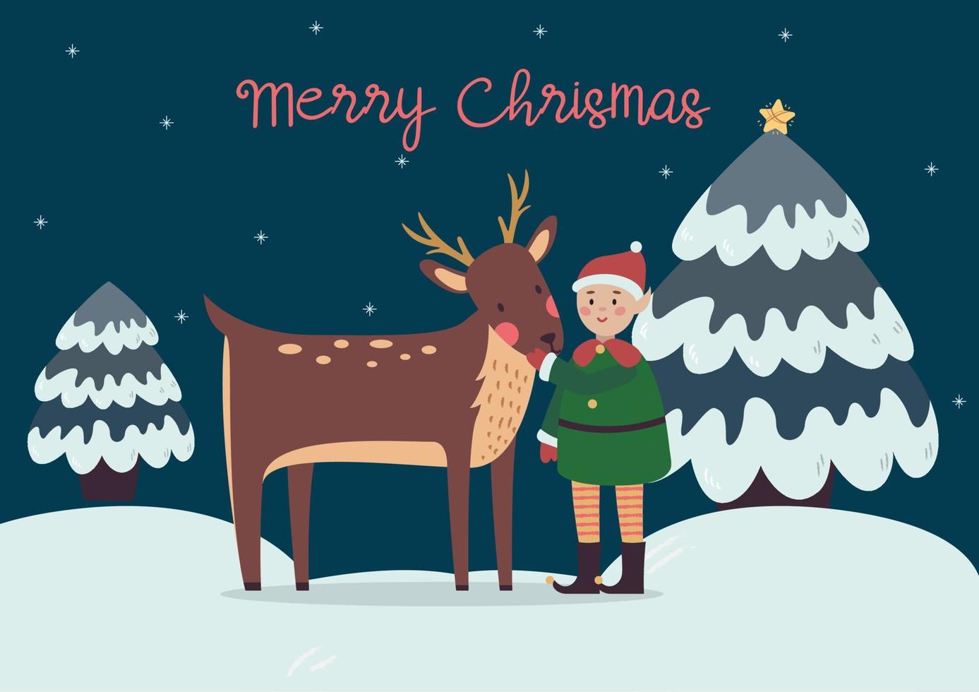 Christmas card, elf with deer, chritmas night, Merry Christmas vector