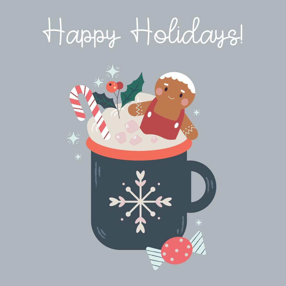 felices fiestas, lindo chocolate caliente de dibujos animados o café en taza con adorno de copos de nieve con malvavisco y hombre de pan de jengibre vector