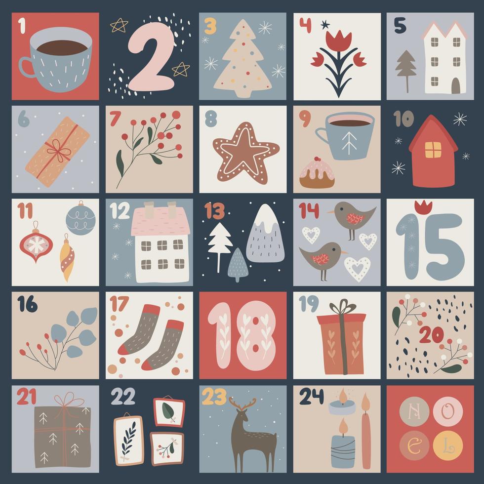 calendario de adviento hygge, material hygge acogedor, números de navidad vector