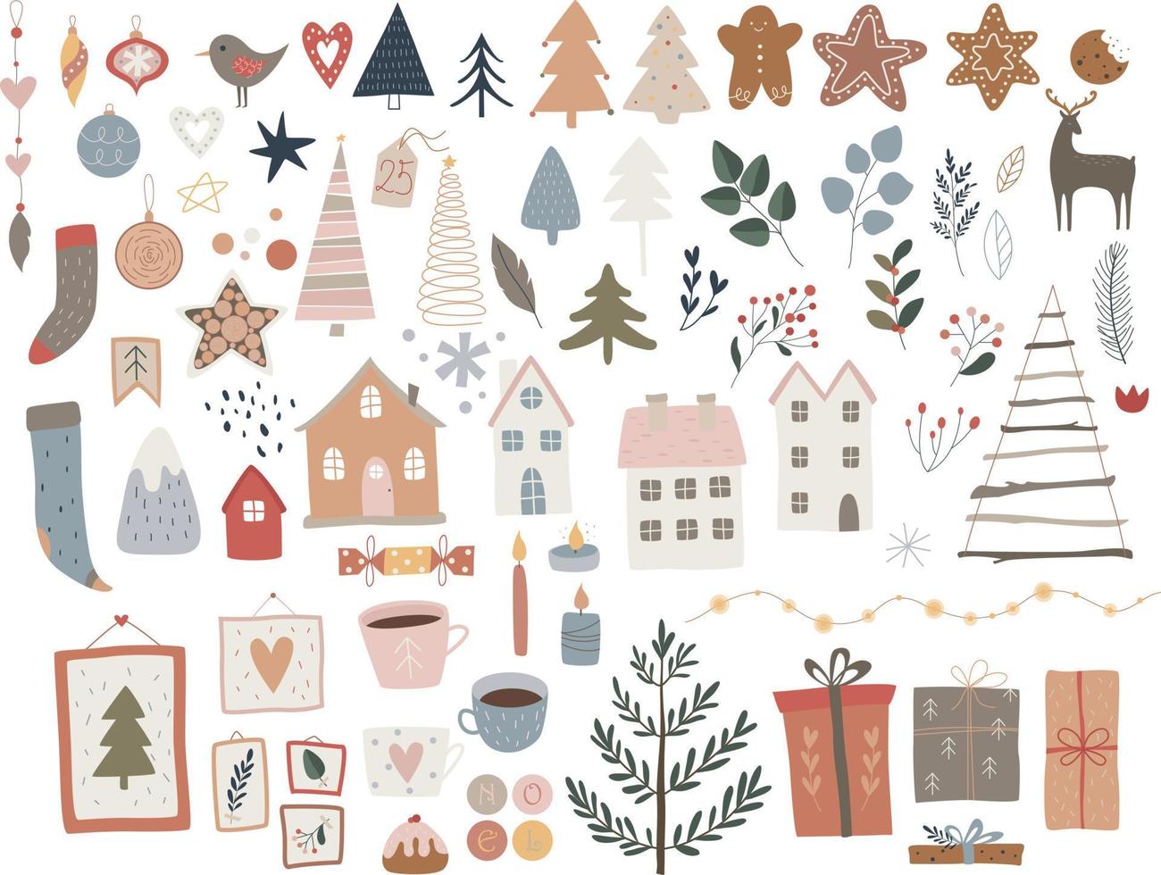 Cute hygge set with cozy winter elements for your design, trees, branches, houses, socks, decorations, animals vector