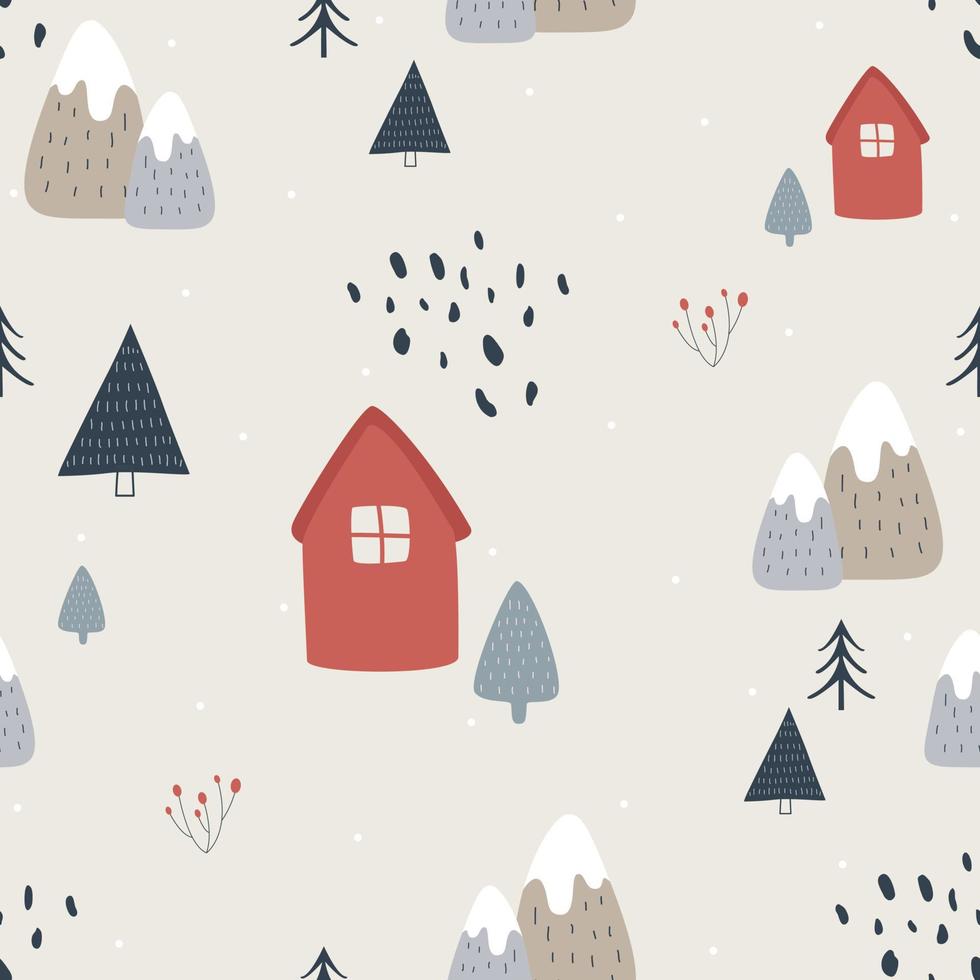 Winter landscape hygge pattern for print, for wrapping paper vector