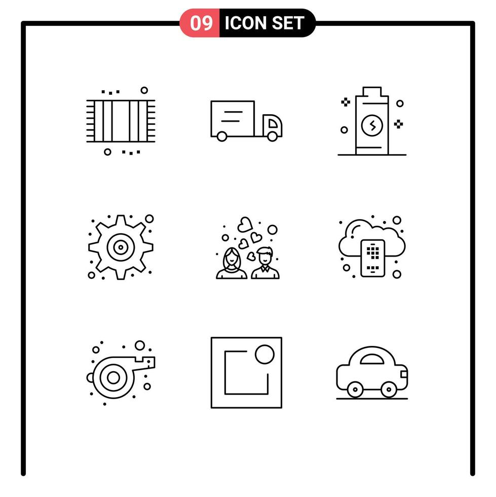 Set of 9 Modern UI Icons Symbols Signs for wedding couple electricity user interface Editable Vector Design Elements