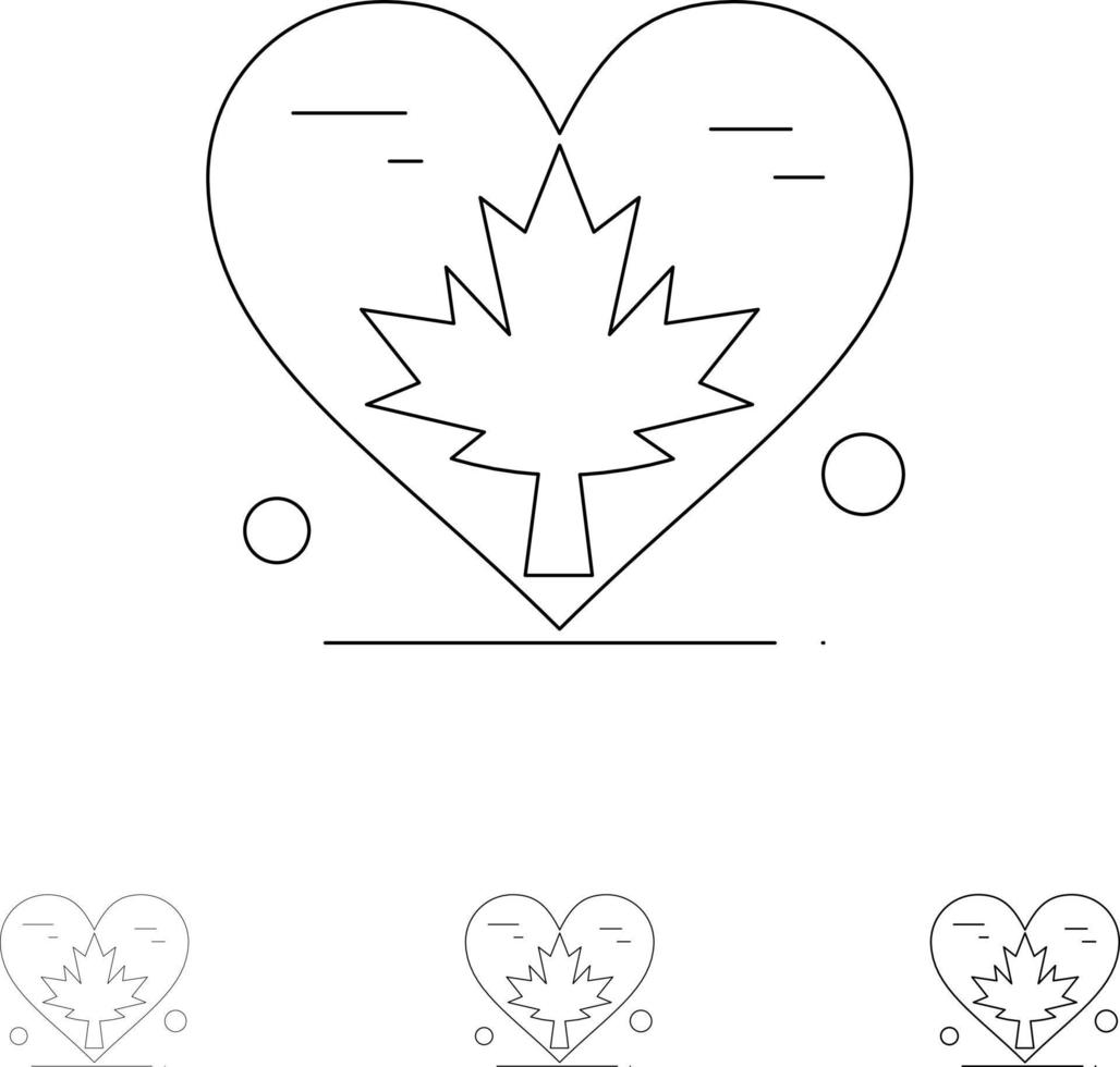 Heart Love Autumn Canada Leaf Bold and thin black line icon set vector