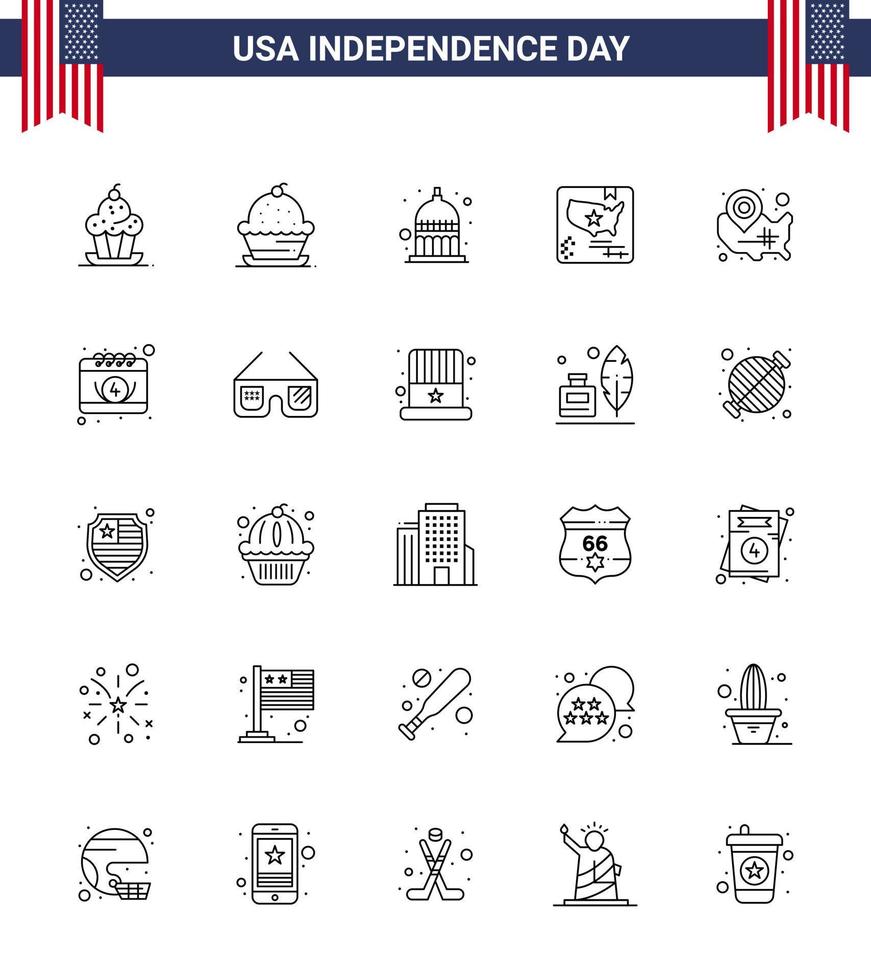 Group of 25 Lines Set for Independence day of United States of America such as location pin usa usa states world Editable USA Day Vector Design Elements