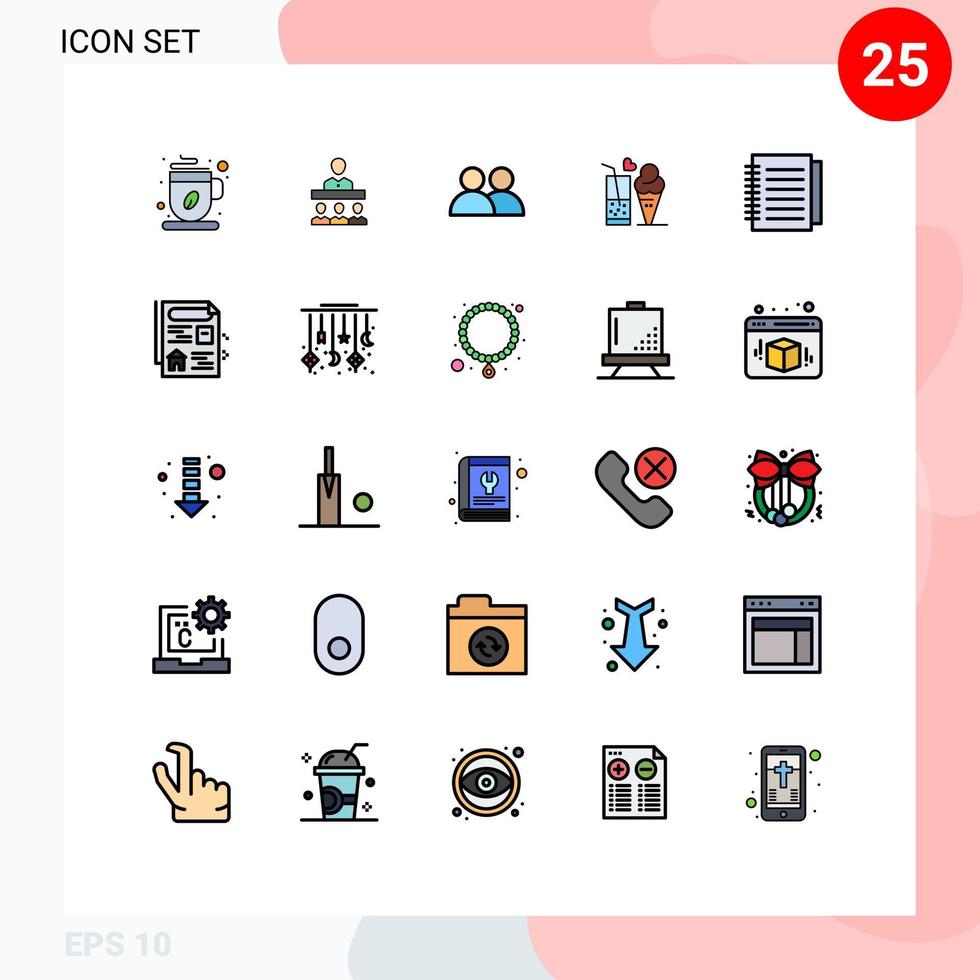 Modern Set of 25 Filled line Flat Colors and symbols such as note ice cream add glass food Editable Vector Design Elements