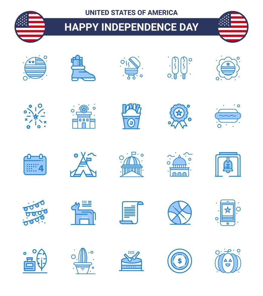 USA Independence Day Blue Set of 25 USA Pictograms of fire badge grill international flag country Editable USA Day Vector Design Elements