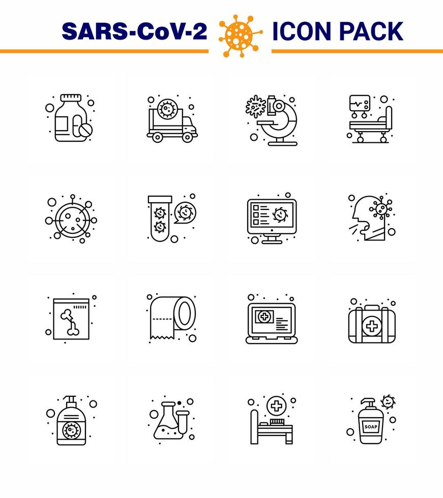 16 Line Coronavirus Covid19 Icon pack such as covid virus bacteria medical treatment hospital bed viral coronavirus 2019nov disease Vector Design Elements