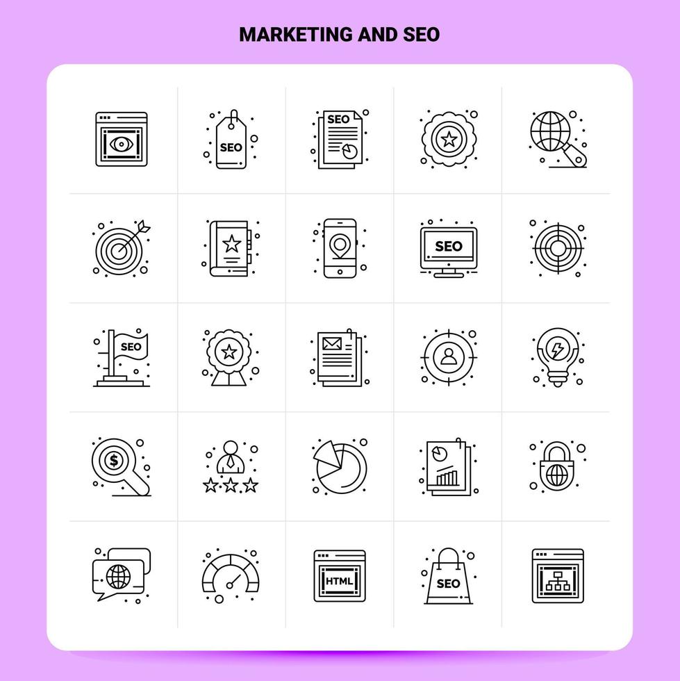 esquema 25 conjunto de iconos de marketing y seo diseño de estilo de línea vectorial conjunto de iconos negros paquete de pictogramas lineales diseño de ideas de negocios web y móviles ilustración vectorial vector