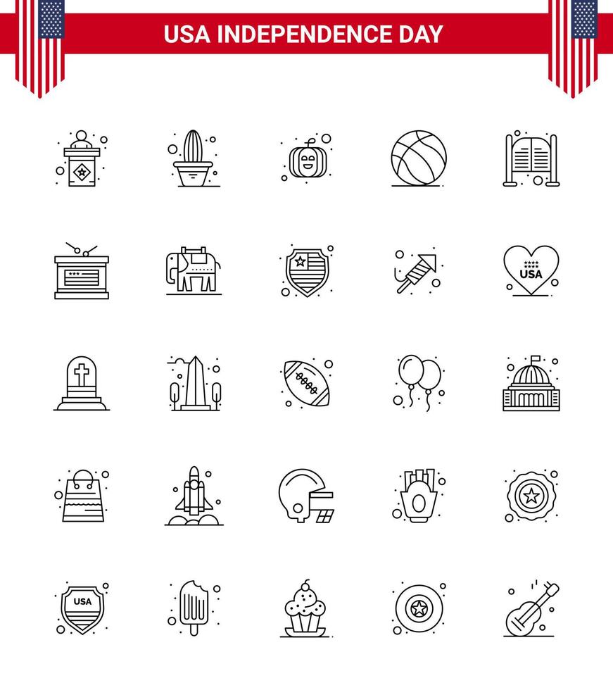 Editable Vector Line Pack of USA Day 25 Simple Lines of saloon bar american usa ball Editable USA Day Vector Design Elements