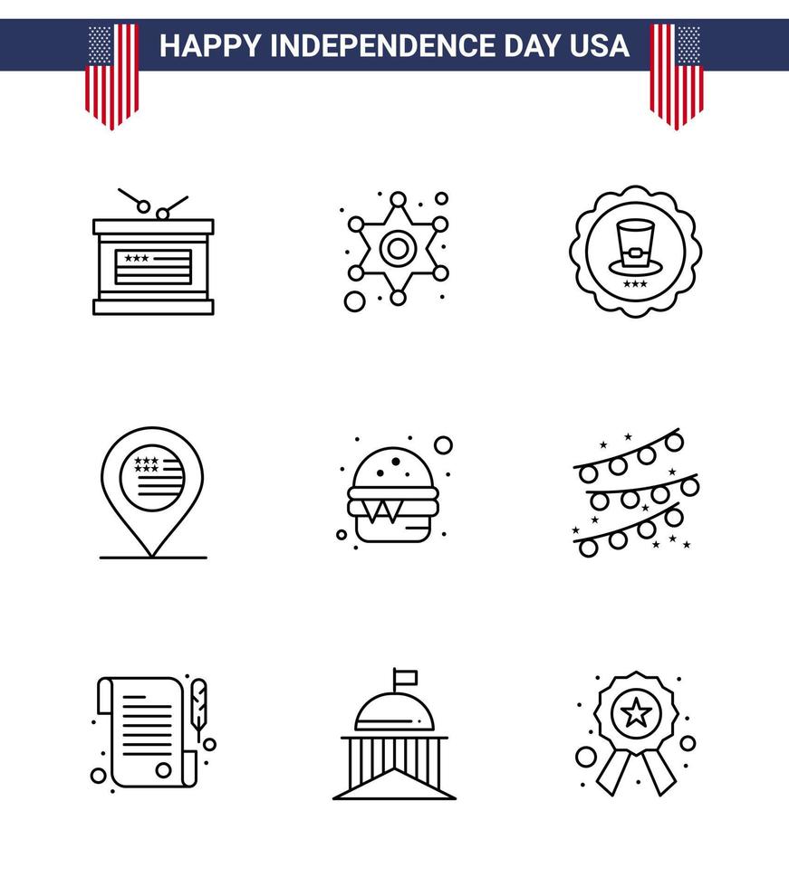 USA Independence Day Line Set of 9 USA Pictograms of fast sign glass map american Editable USA Day Vector Design Elements