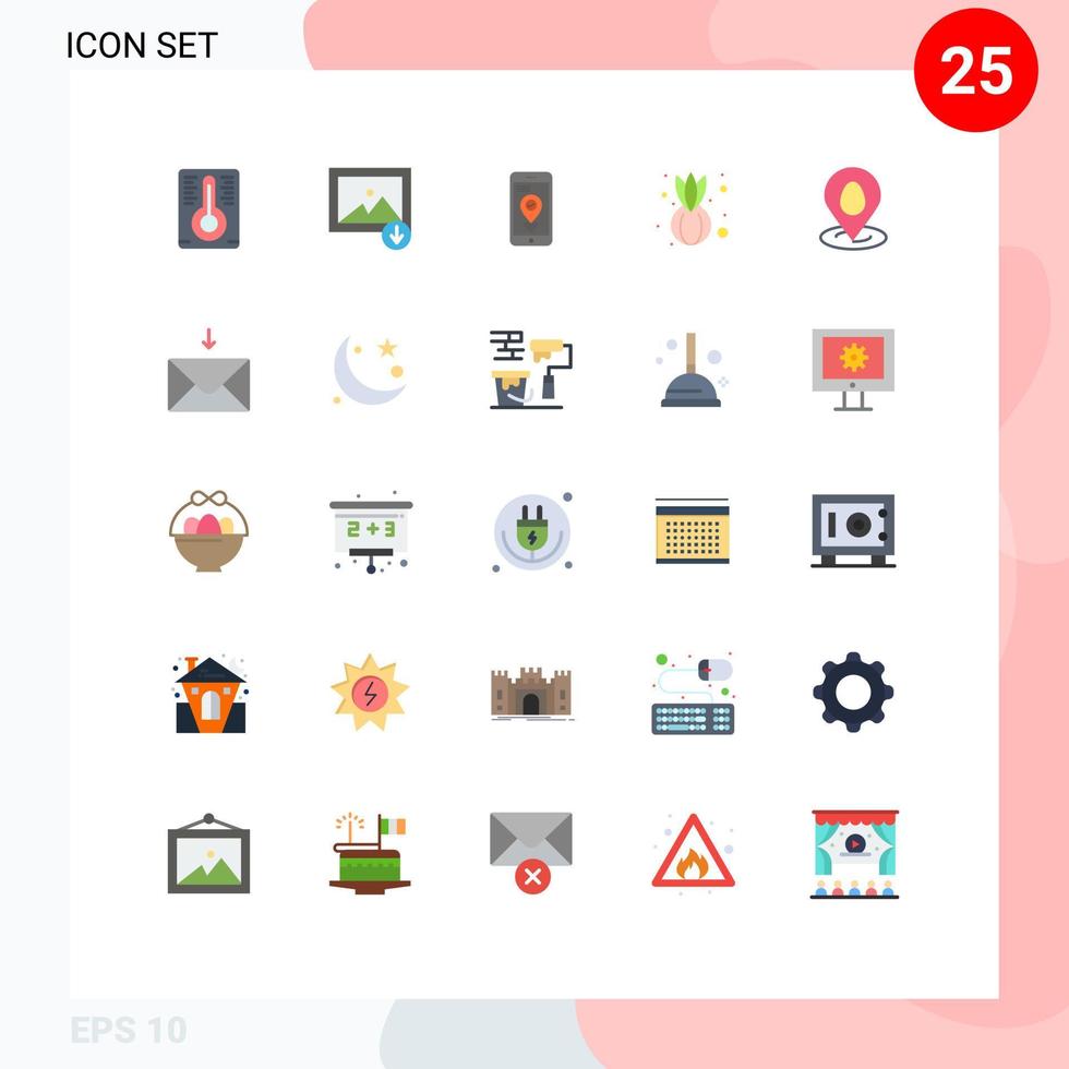 Mobile Interface Flat Color Set of 25 Pictograms of message easter smartphone map location Editable Vector Design Elements