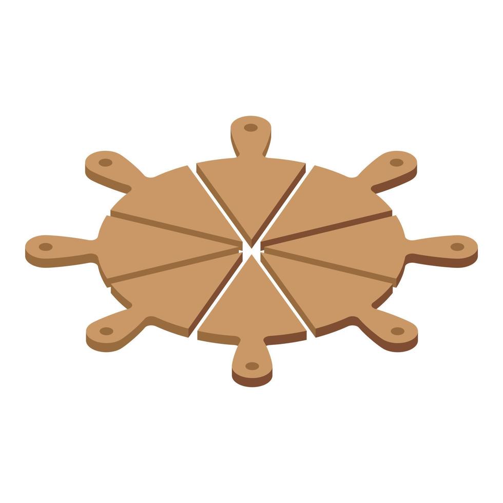 Round pizza slice icon isometric vector. Wooden board vector