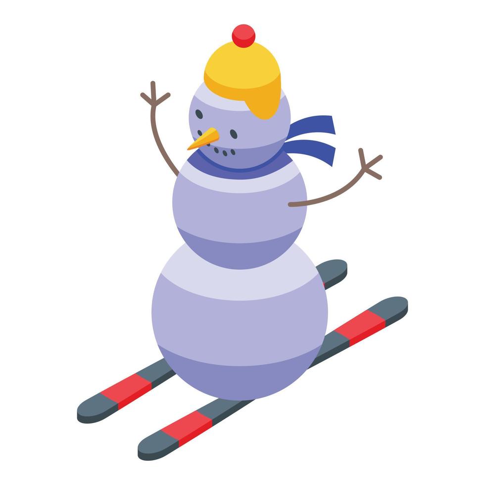 muñeco de nieve en vector isométrico de icono de esquí. hombre de invierno