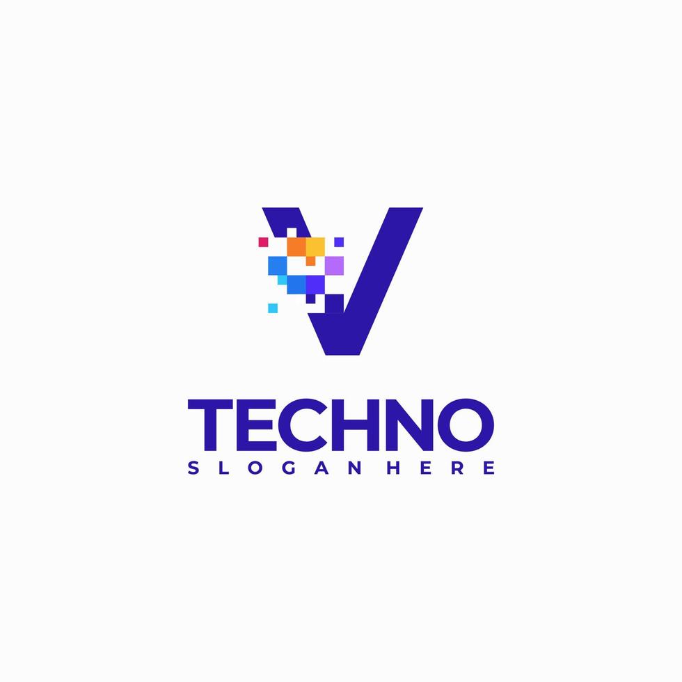 V Pixel Letter Logo Design Template, Pixel Technology logo symbol concept vector