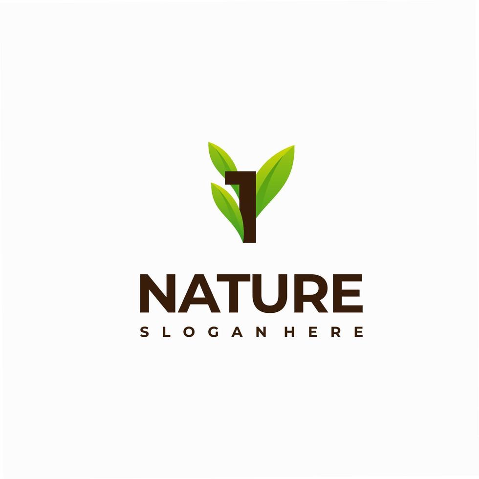 Diseños de logotipo de naturaleza inicial de hoja de número 1, ilustración de icono de vector de logotipo de naturaleza verde de número moderno