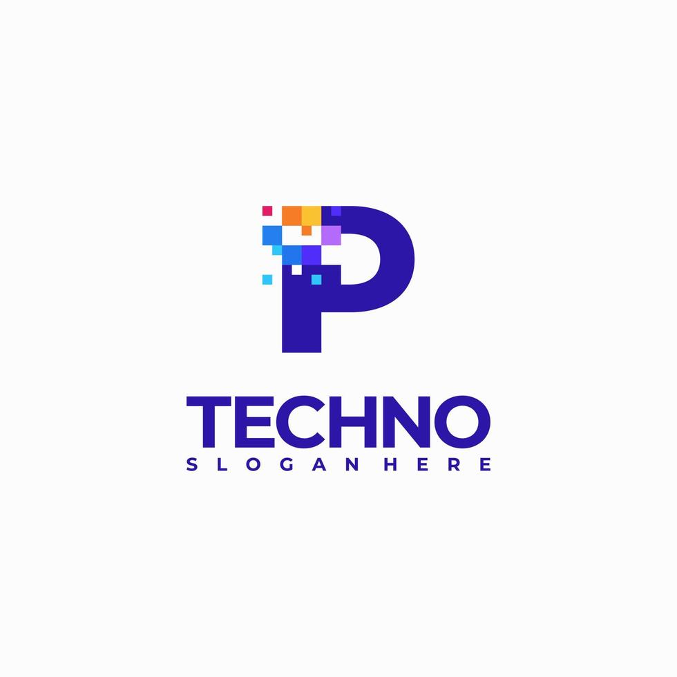 P Pixel Letter Logo Design Template, Pixel Technology logo symbol concept vector
