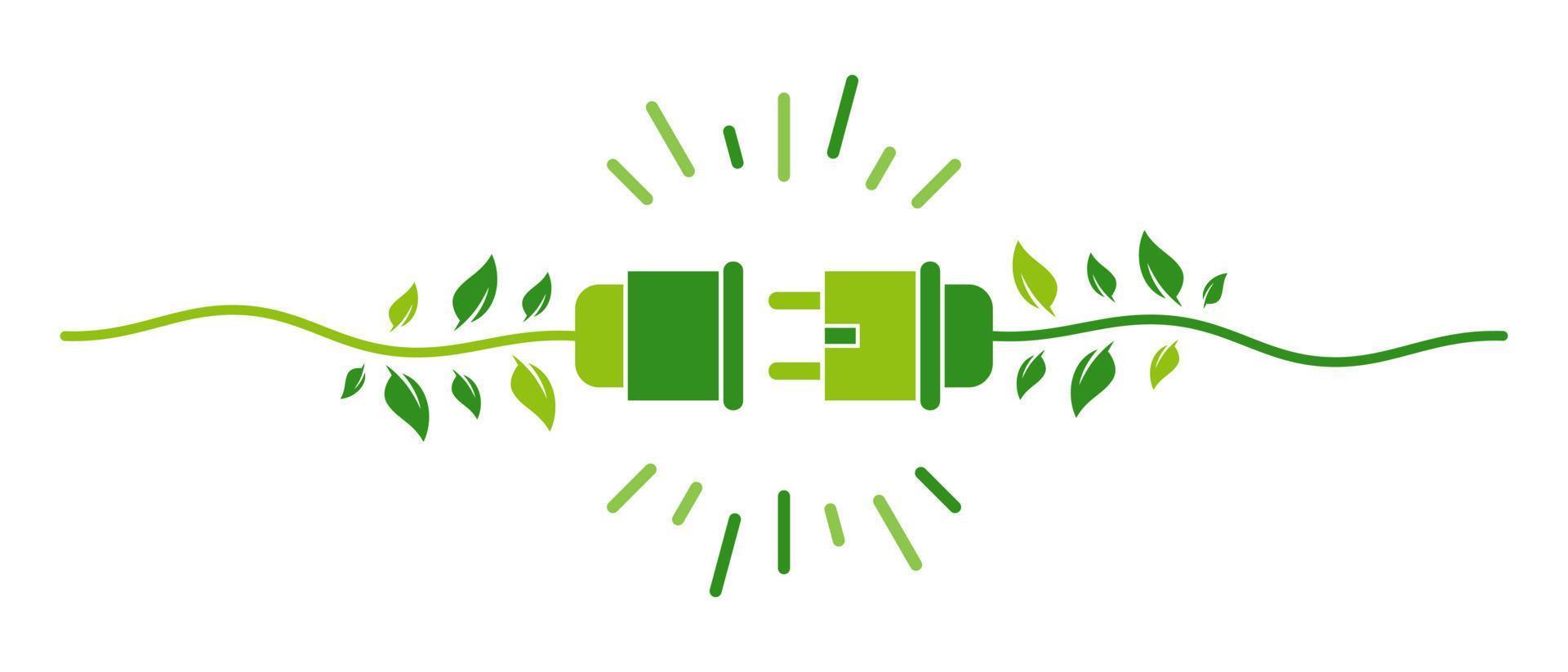 Green energy electricity, electric plug icon sign with cable and leaf vector Illustration