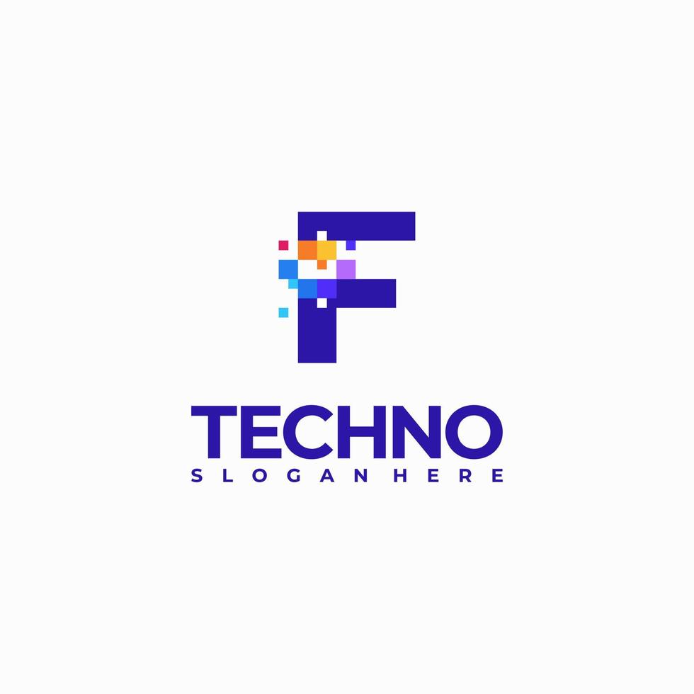 F Pixel Letter Logo Design Template, Pixel Technology logo symbol concept vector