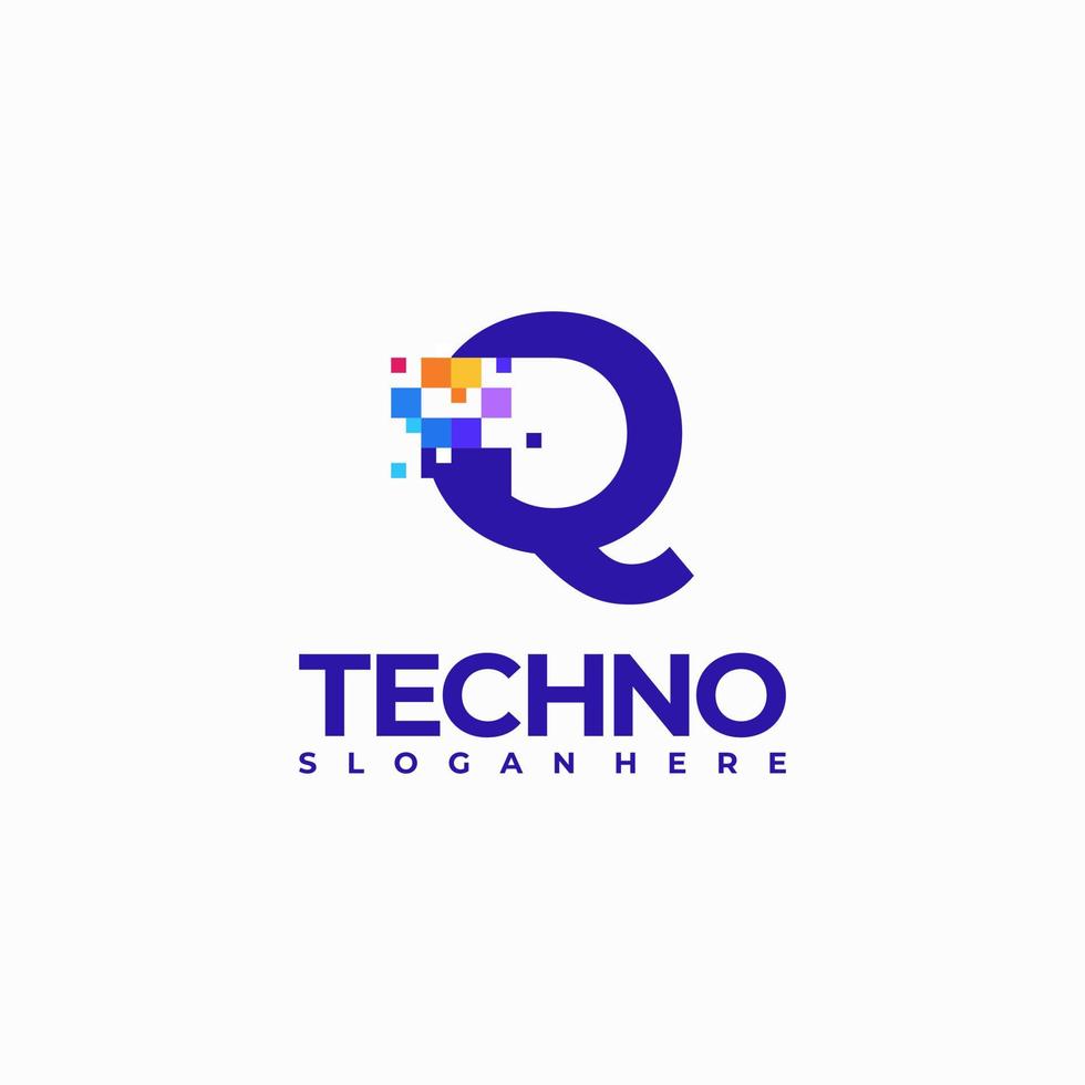 Q Pixel Letter Logo Design Template, Pixel Technology logo symbol concept vector