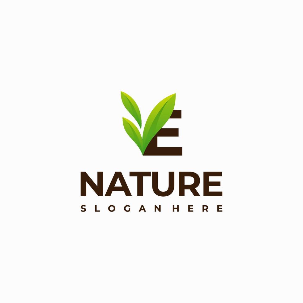 Diseños de logotipo de naturaleza inicial de hoja de letra e, ilustración de icono de vector de logotipo de naturaleza verde de letra moderna